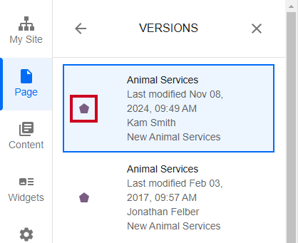 Unpublished versions have a purple pentagon to indicate it's a draft.