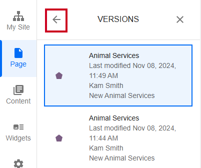 The Back to Page button takes you back to the page's edit option.