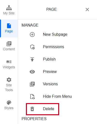 Use the Delete option to permanently delete the page.