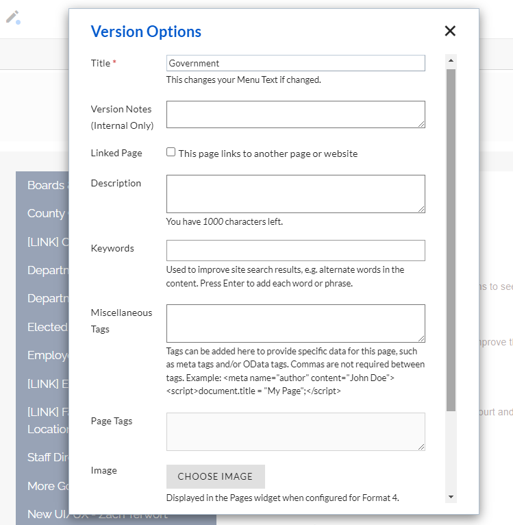 The Version Options for the Content page in Web Evolve's old user interface.
