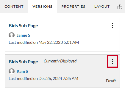 The Version's Actions menu in Web Evolve's old user interface.