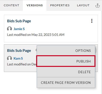 The Version's Publish action in Web Evolve's old user interface.