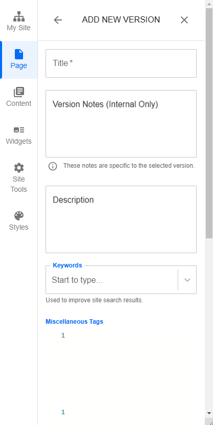 The new version's informational fields and options.