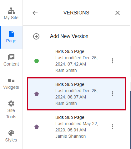 An unpublished version in a list of page versions.