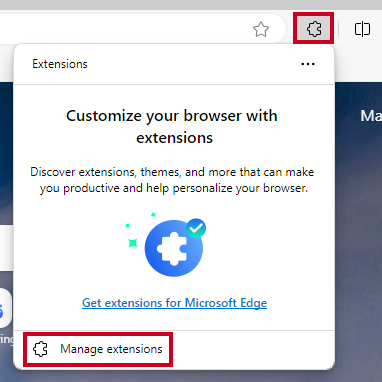 The puzzle piece icon at the end of the URL text field, then the Manage extensions option at the bottom of the menu.
