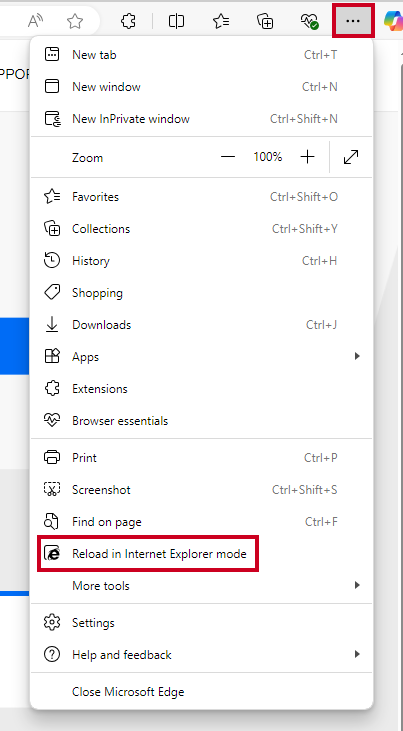 The three-dot settings icon, then the Reload in Internet Explorer mode option.