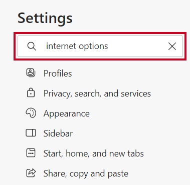 The search text entry field below the Settings header.