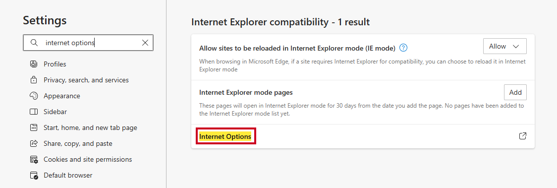 The option labeled Internet Options.