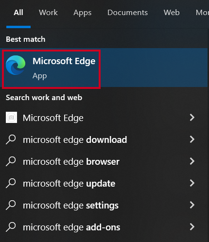 The Microsoft Edge app listed in the app menu.