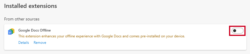 The on and off toggle slider to the right of the extension's name.
