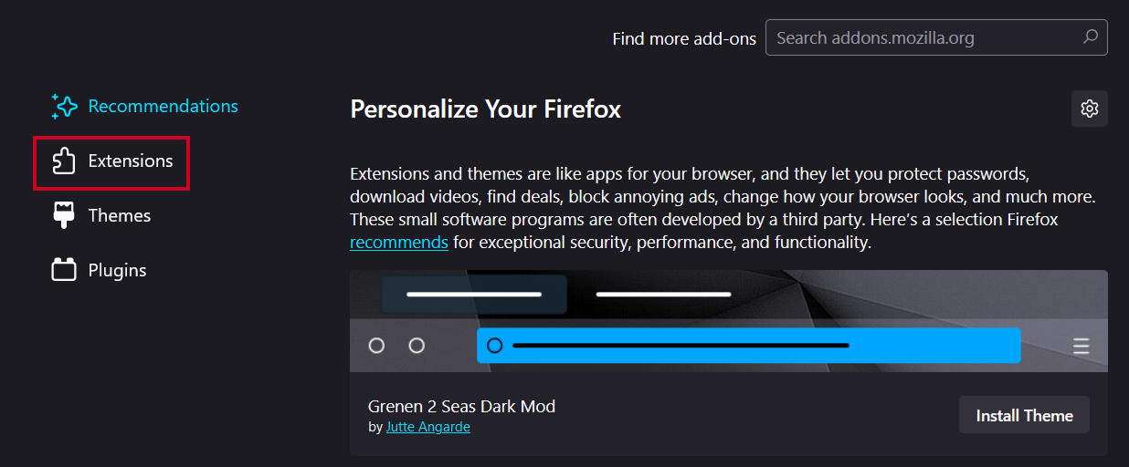 The left-hand tab labeled Extensions.