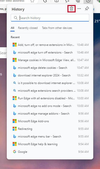 The delete browsing data trach can icon.