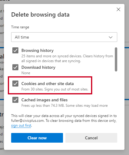 The Cookies and other site data checkbox toggle.