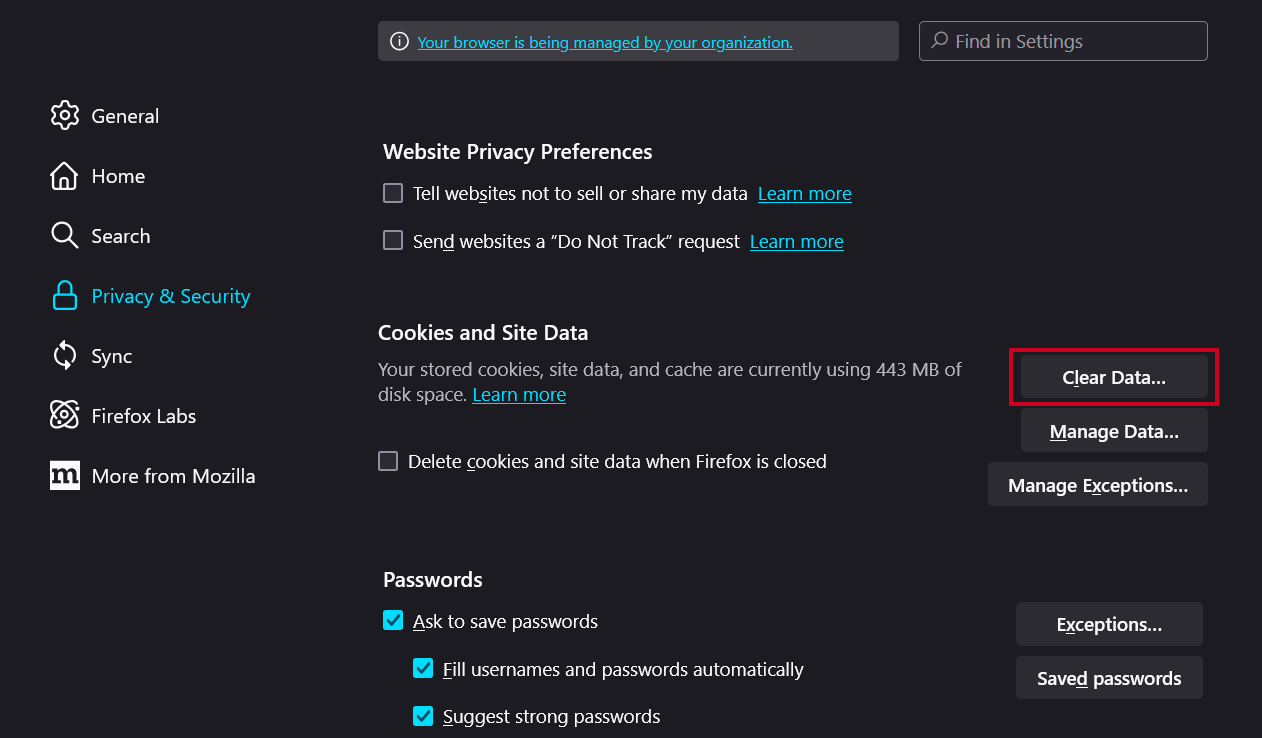 The button labeled Clear Data.