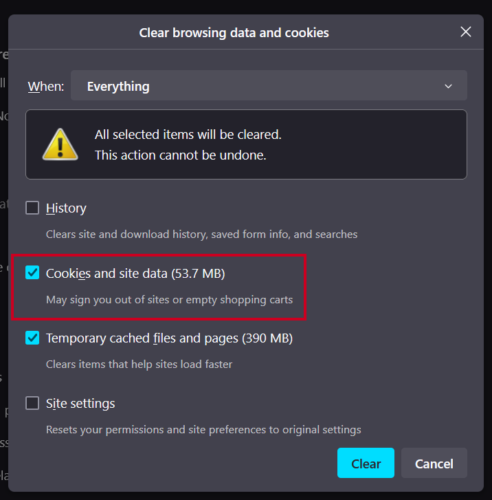 The checkbox toggle labeled Cookies and site data.