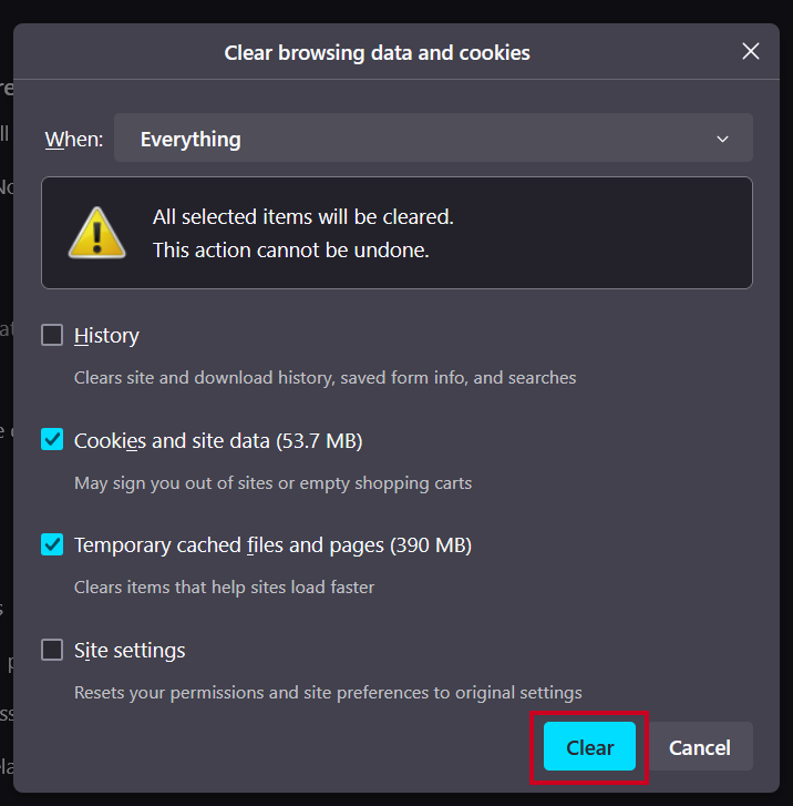 The button at the bottom of the Clear browsing data and cookies window labeled Clear.