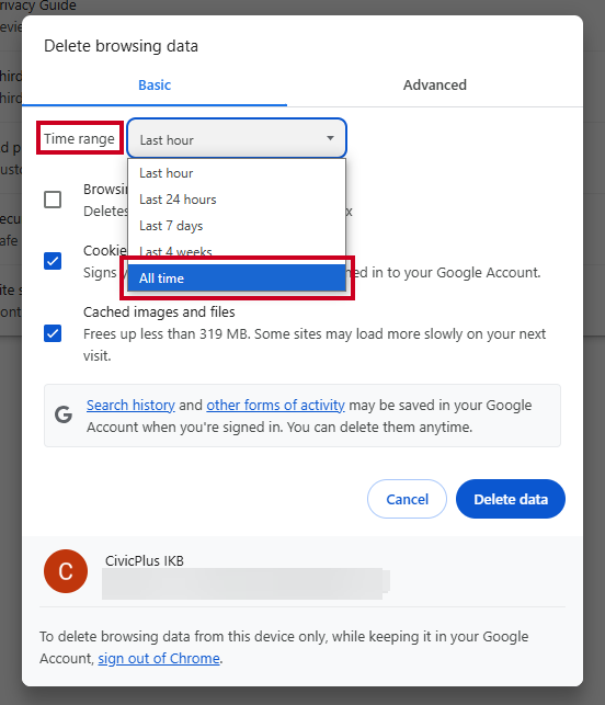 The drop down menu labeled Time range, and the All time option at the bottom of the drop-down menu.