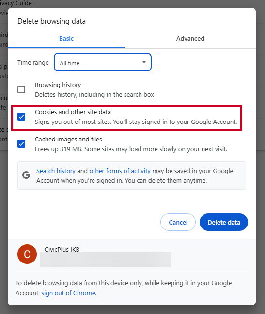 The checkbox toggle labeled Cookies and other site data.