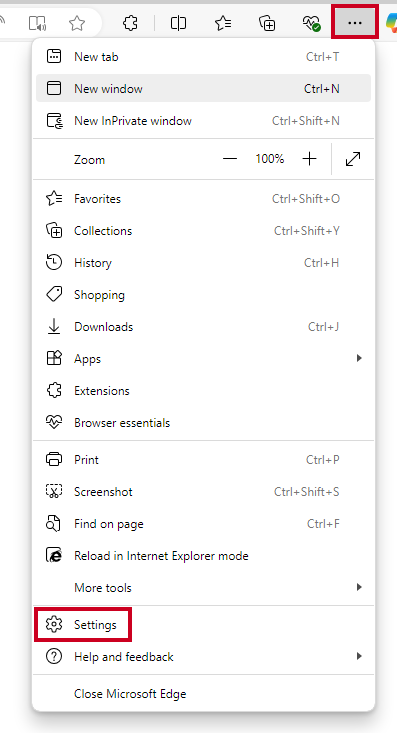 The Settings and more three dot icon in the top-right corner of the browser, and the option labeled Settings.