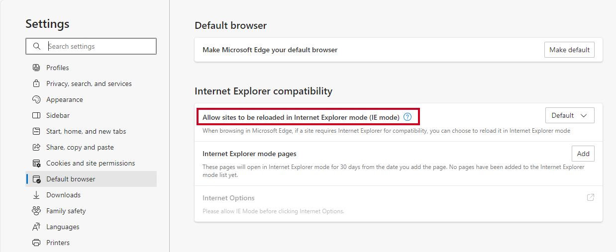 The option labeled Allow sites to be reloaded in Internet Explorer mode under the Internet Explorer compatibility header.