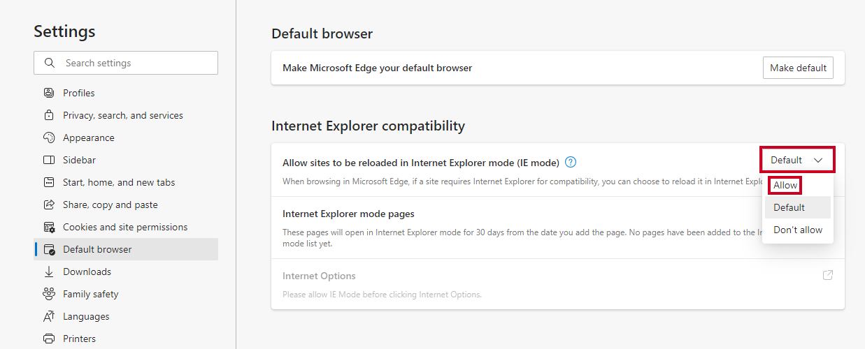 The dropdown field to the right of the Allow sites to be reloaded in Internet Explorer mode text, and the Allow option.