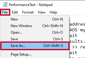 Evolve, PerformanceTest File, File Menu, Save As Option.