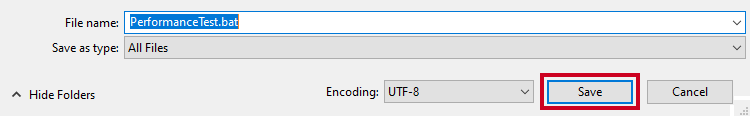 Evolve, PerformanceTest File, Save As Menu, Save Button.