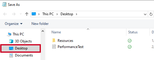Evolve, PerformanceTest File, Windows Save As Menu, Desktop Location Option.