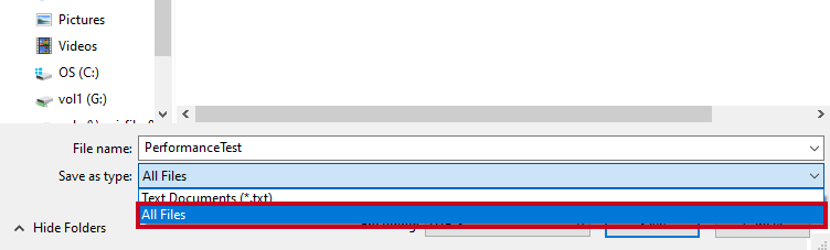 Evolve, PerformanceTest File, Save As Menu, Save As Type, All Files Option.