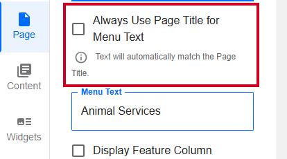 Evolve, Page Tab, Always Use Page Title for Menu Text Checkbox.