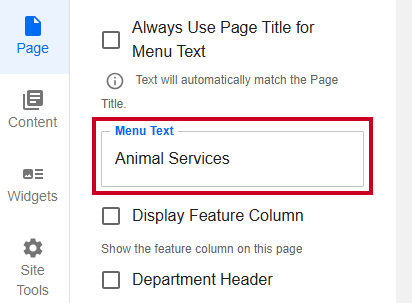 Evolve, Page Tab, Menu Text Field.