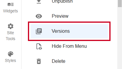 Evolve, Page Tab, Versions Option.
