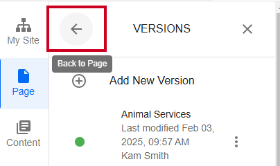 Evolve, Page Tab, Versions, Back to Page Icon.