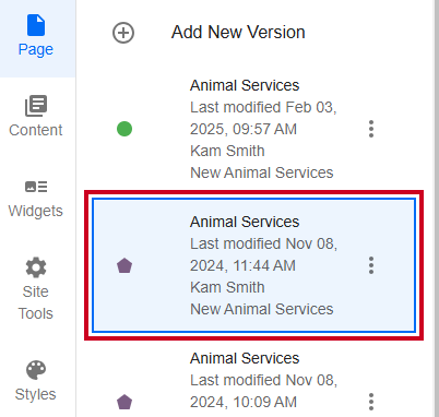 Evolve, Page Tab, Select a Page Version.