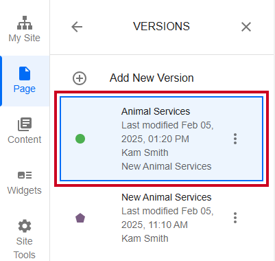 Evolve, Versions, Select a Version.