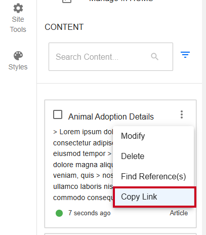 Evolve, Content Item, Action Menu, Copy Link Option.