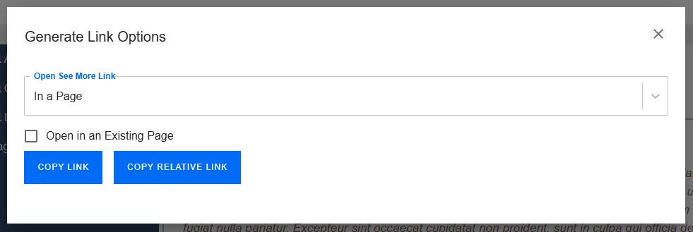 Evolve, Copy Link, Generate Link Options Dialog Box.