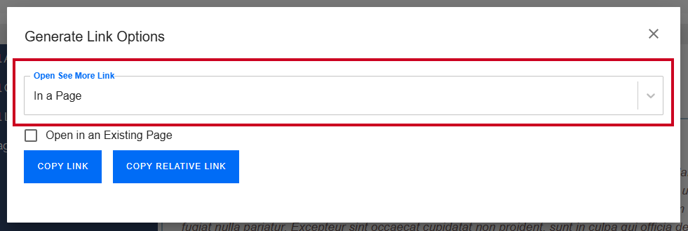 Evolve, Generate Link Options Dialog Box, Open See More Link Dropdown.