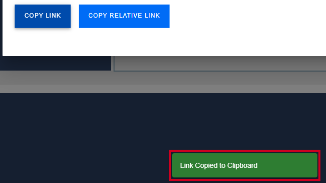 Evolve, Generate Link Options Dialog Box, Link Copied to Clipboard Message.
