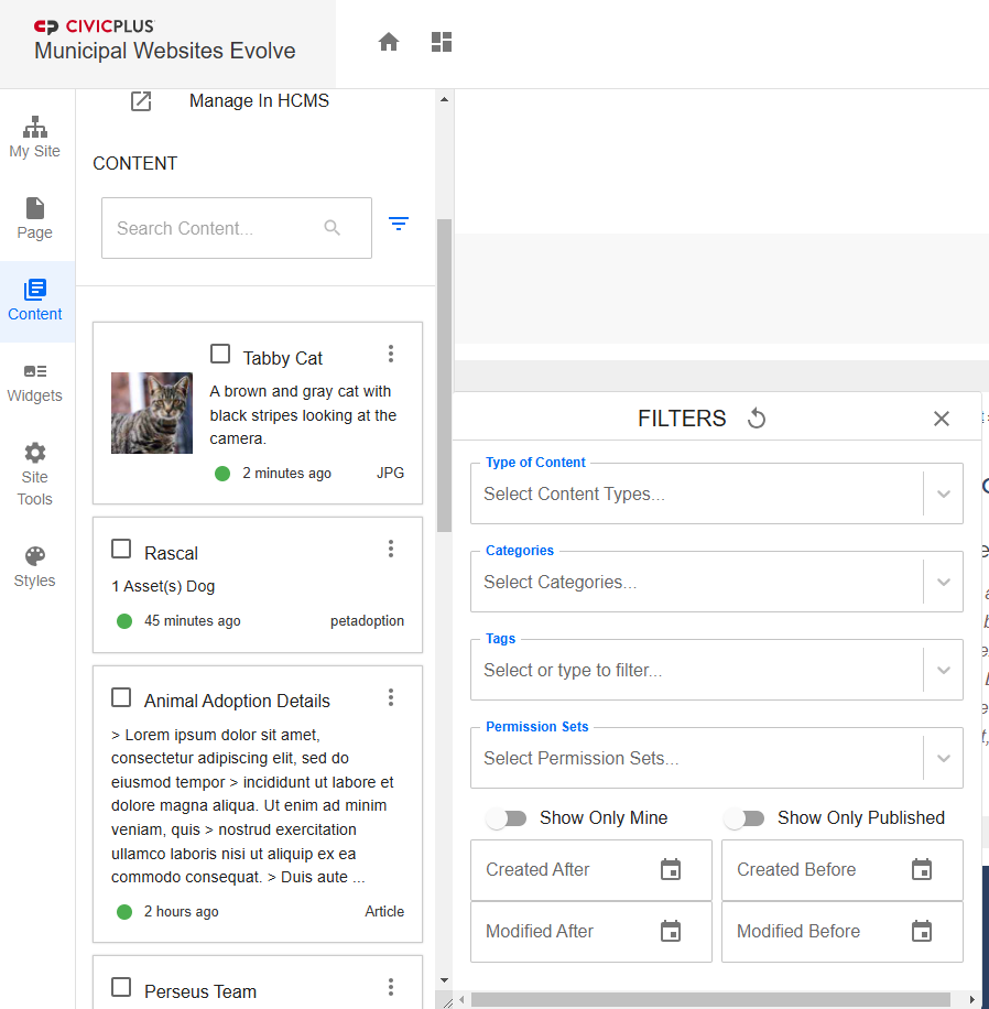 Evolve, Content Tab, Content Items, Search, and Filters.