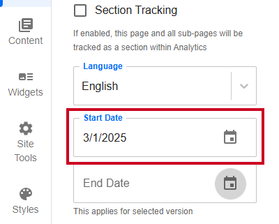 Evolve, Page Tab, Properties Section, Start Date Field.