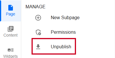 Evolve, Page Tab, Unpublish Option.