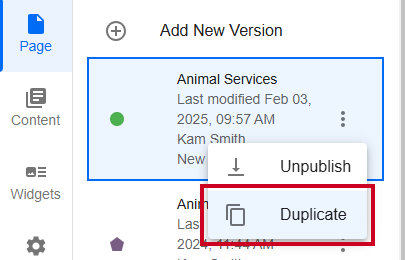 Duplicate option in actions menu next to the page version.