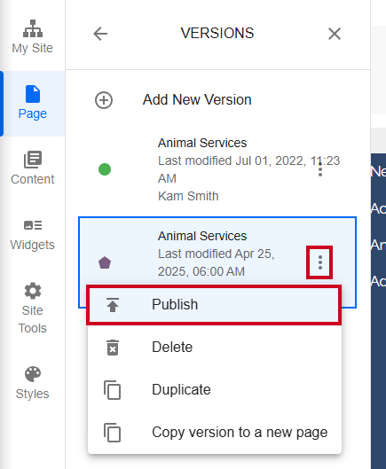 Publish option in actions menu next to page version.