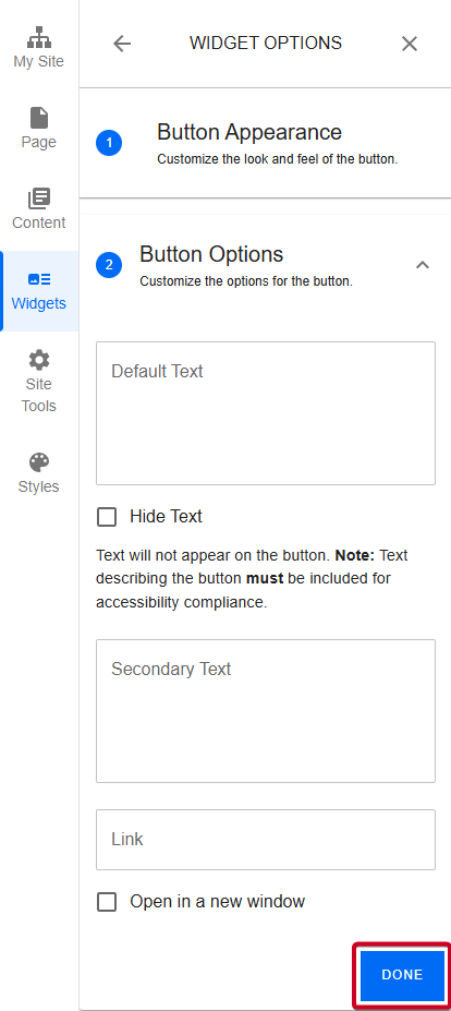 The button labeled Done in the bottom-right corner of the Button Options tab.