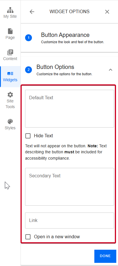 An example image of the fields and options under the Button Options header.