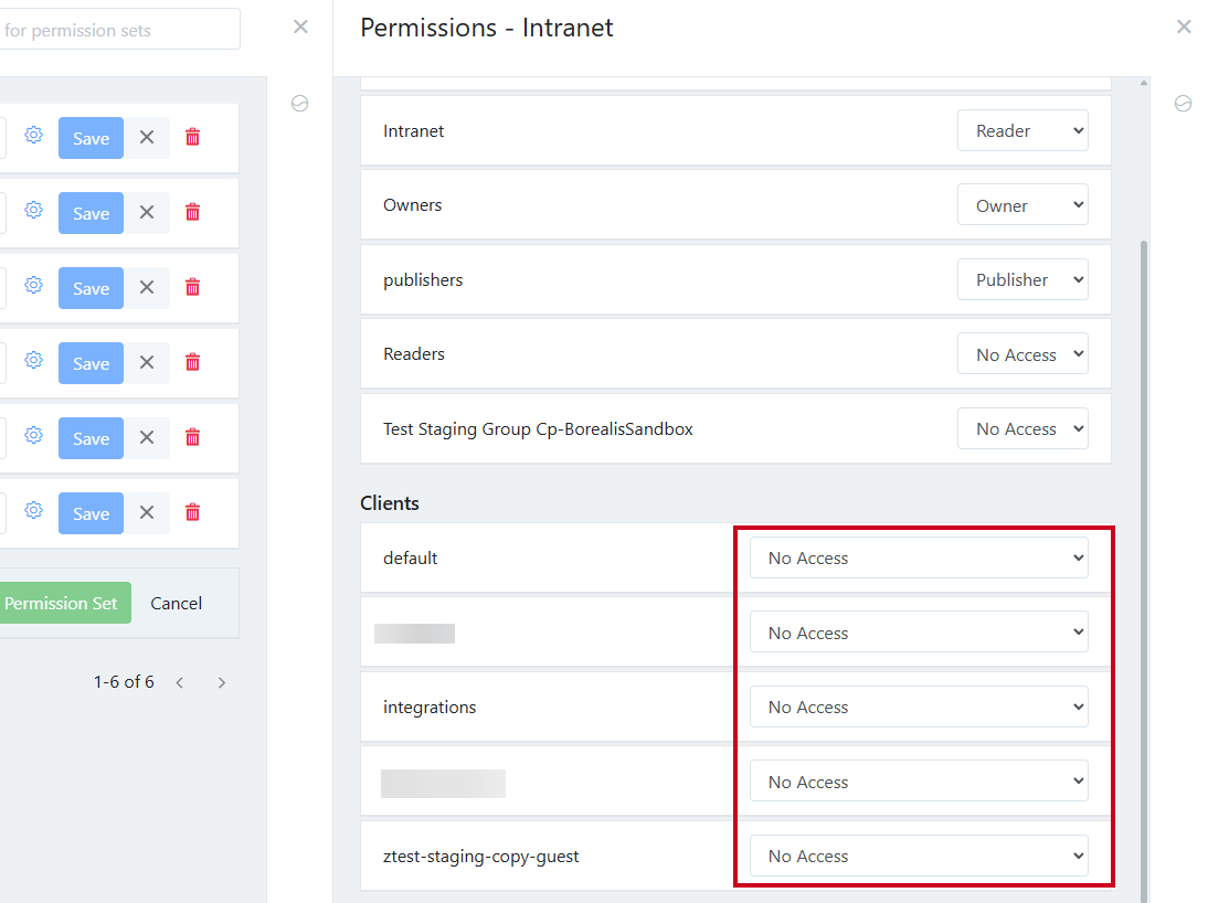 Clients drop-downs with No Access selected.