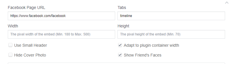 The Facebook plugin text entry fields and toggle checkboxes.