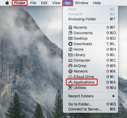 The button labeled Finder, to the right of the Apple logo, then Go, then Applications in the drop-down list.