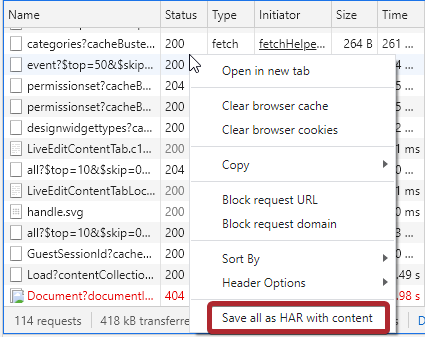 The Save all as HAR with content option in the right-click menu.